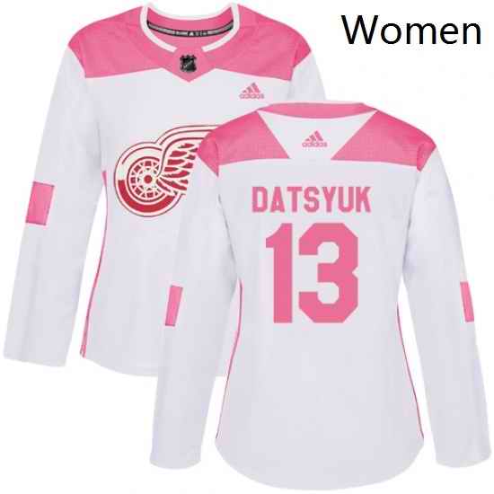 Womens Adidas Detroit Red Wings 13 Pavel Datsyuk Authentic WhitePink Fashion NHL Jersey